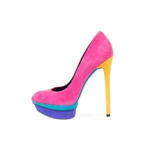 👠B Brian Atwood Suede Color Block Multicolor Platform Pumps High Heels 👠